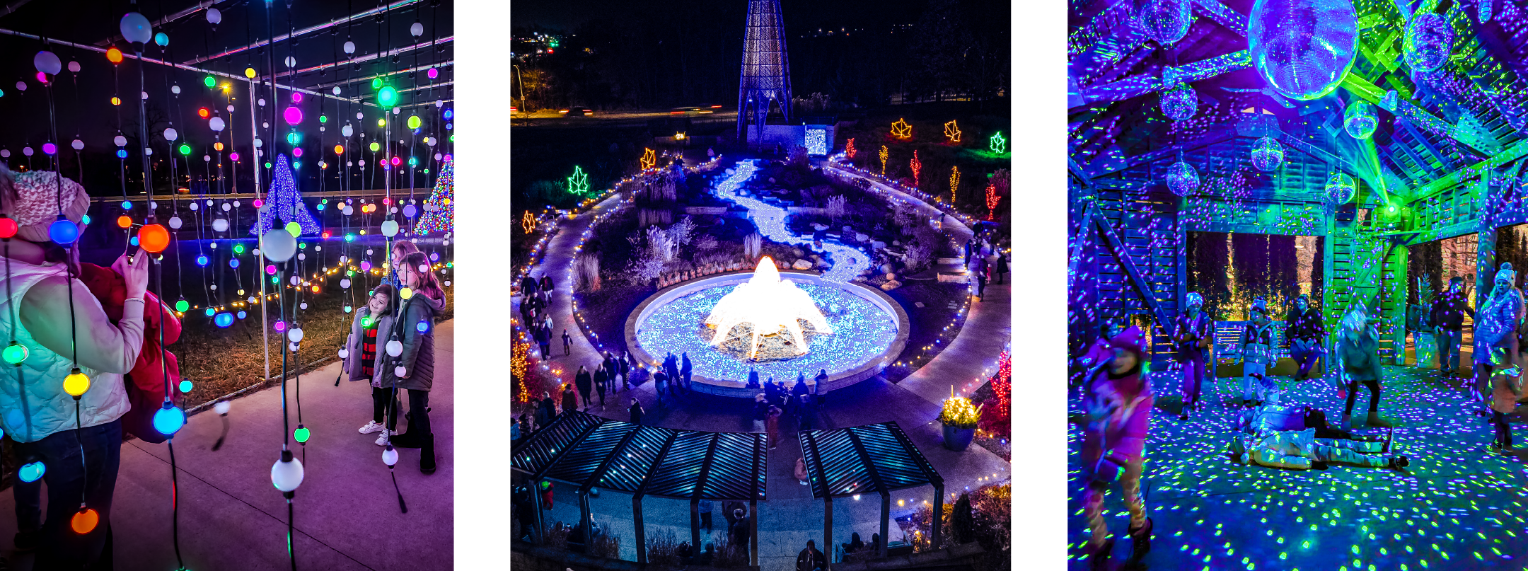 Families enjoying displays at a holiday light show