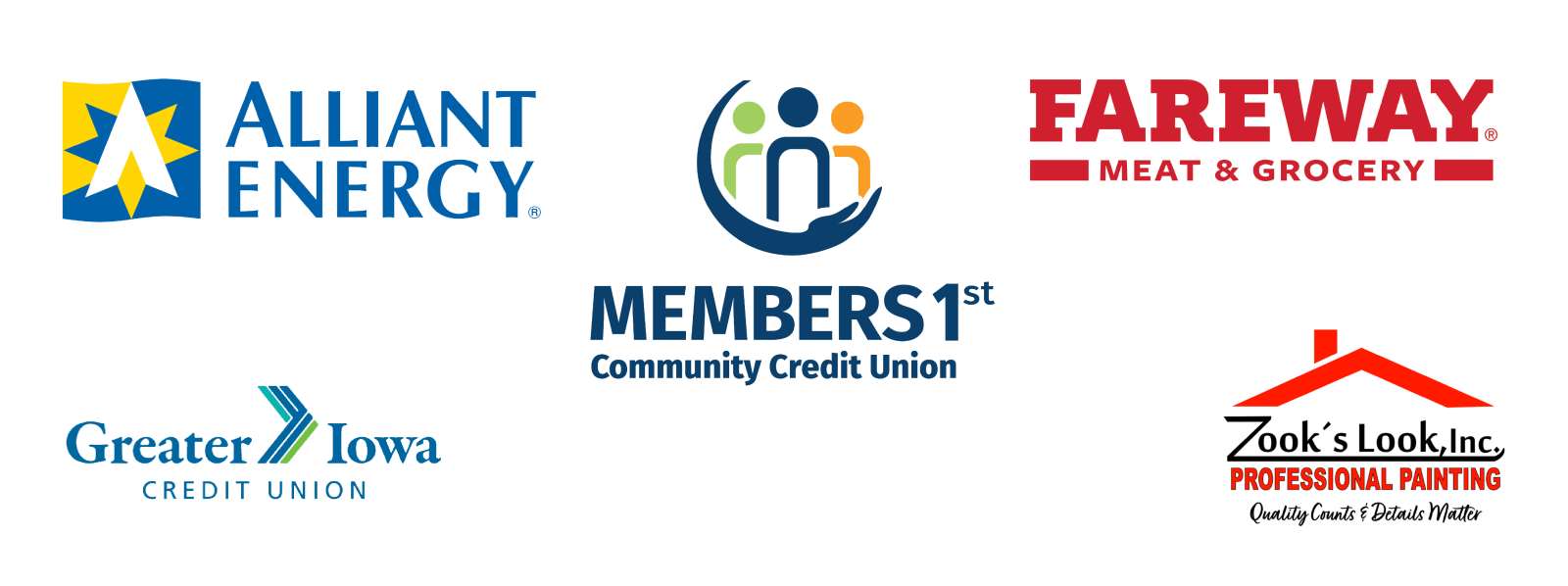 Sponsor logos from Alliant Energry, Members 1st, Fareway, Greater Iowa Credit Union and Zook's Look Painting